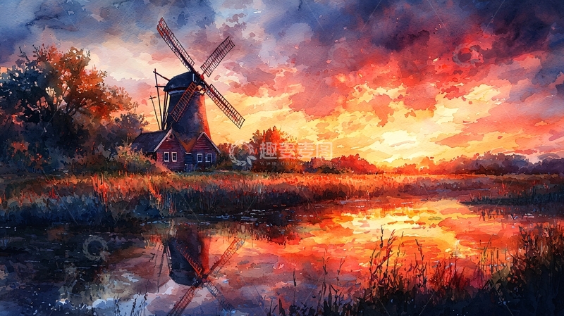 高清大图下载【趣麦麦图】-夕阳下的荷兰风车
