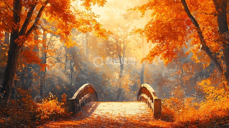 高清大图下载【趣麦麦图】秋日森林小桥