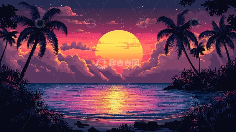 高清大图下载【趣麦麦图】热带海滩日落剪影