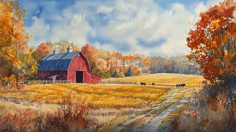 高清大图下载【趣麦麦图】秋日田园红谷仓