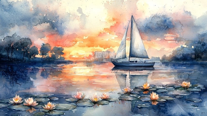 高清大图下载【趣麦麦图】水彩日落帆船湖景