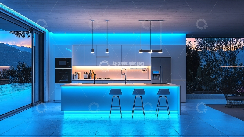 高清大图下载【趣麦麦图】现代化蓝色灯光厨房