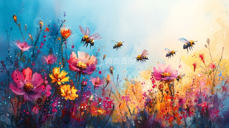 高清大图下载【趣麦麦图】蜜蜂采花油画