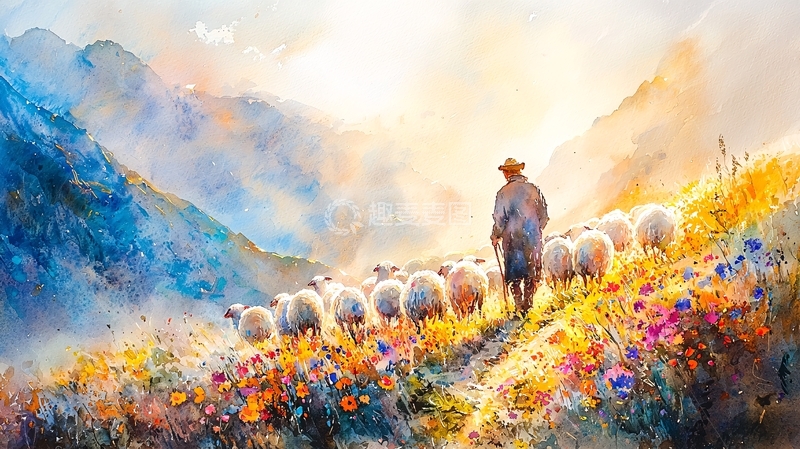 高清大图下载【趣麦麦图】牧羊人与羊群的田园水彩画