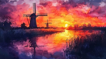 日落风车水乡风景画