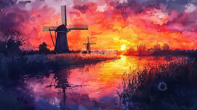 高清大图下载【趣麦麦图】日落风车水乡风景画