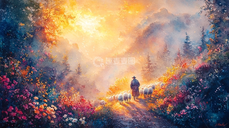高清大图下载【趣麦麦图】牧羊人带领羊群走向光明