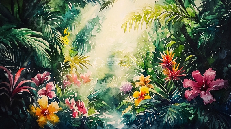 高清大图下载【趣麦麦图】热带雨林水彩画