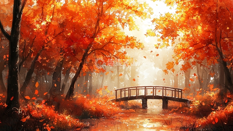 高清大图下载【趣麦麦图】秋日森林小桥流水