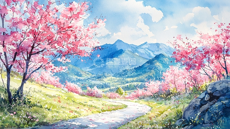 高清大图下载【趣麦麦图】粉红色的樱花与山峦水彩画