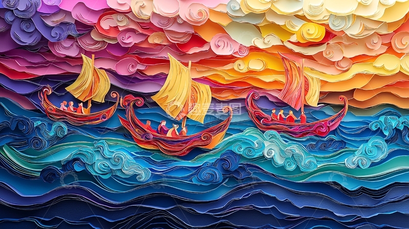 高清大图下载【趣麦麦图】彩色纸艺帆船