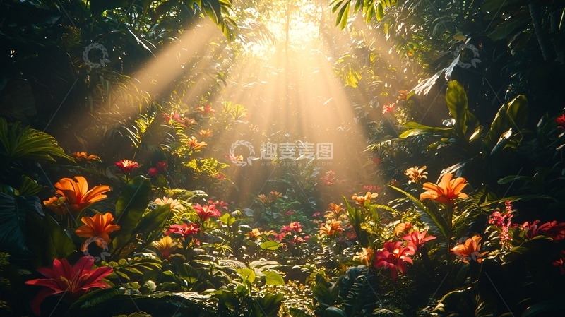 高清大图下载【趣麦麦图】阳光穿过森林花丛