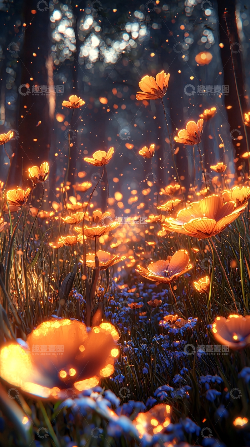 高清大图下载【趣麦麦图】森林中闪耀的橙色花朵