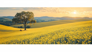 夕阳下的金色油菜花田