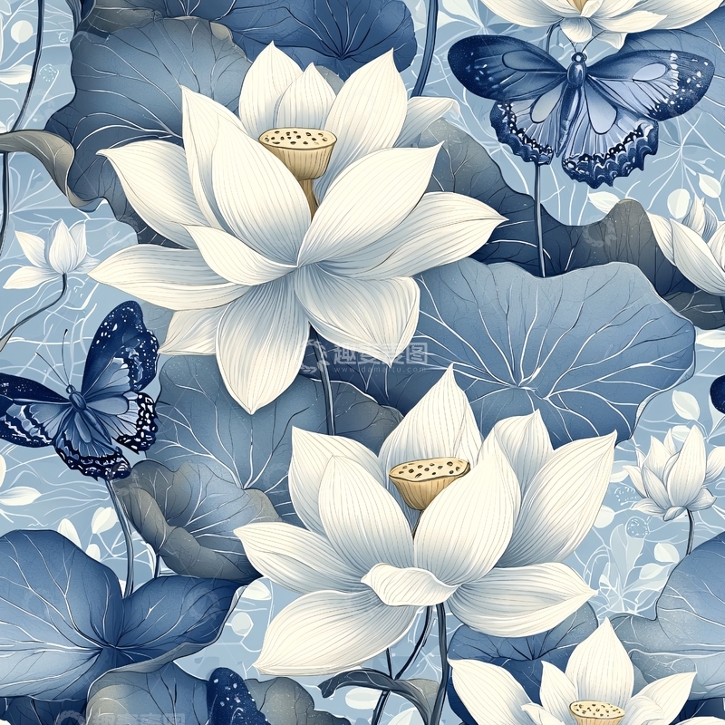 高清大图下载【趣麦麦图】蓝白莲花蝴蝶印花