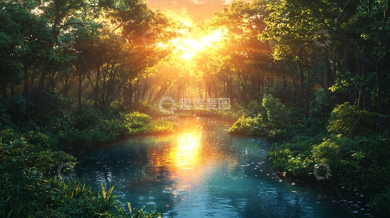 高清大图下载【趣麦麦图】森林河流日落