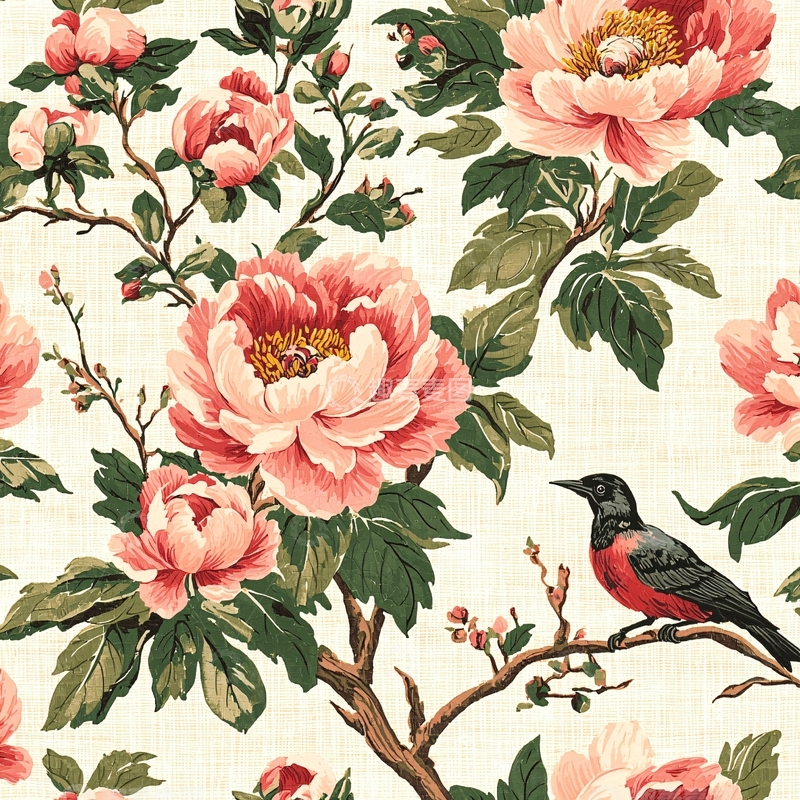 高清大图下载【趣麦麦图】-粉色牡丹花鸟图