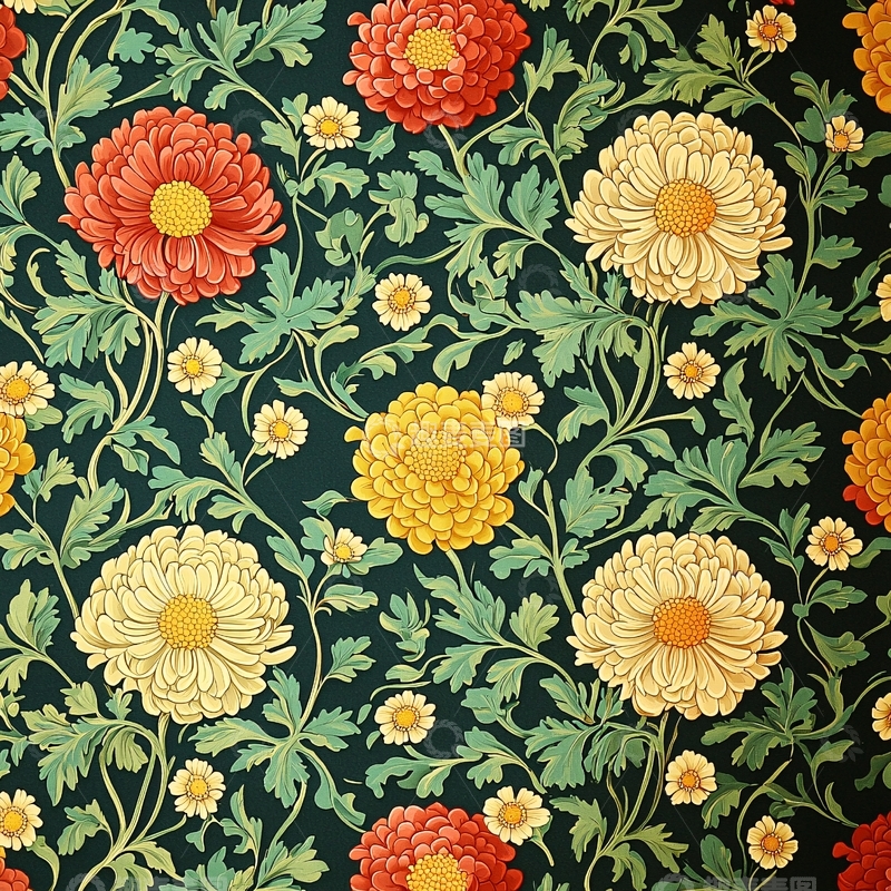 高清大图下载【趣麦麦图】深色背景菊花印花图案