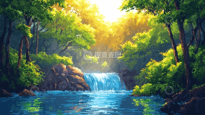 高清大图下载【趣麦麦图】阳光森林瀑布
