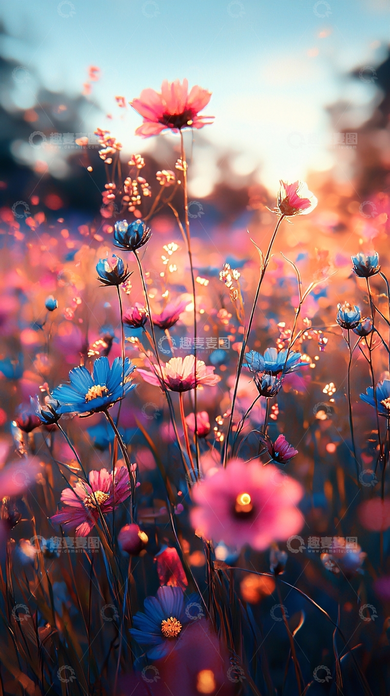 高清大图下载【趣麦麦图】日落时分盛开的宇宙花田