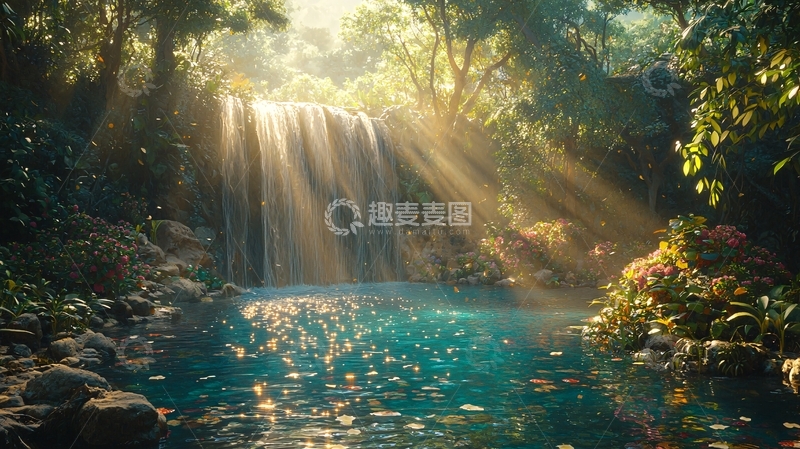 高清大图下载【趣麦麦图】阳光森林瀑布