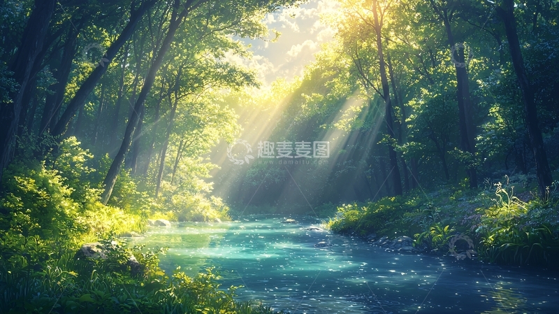 高清大图下载【趣麦麦图】阳光穿透森林小溪
