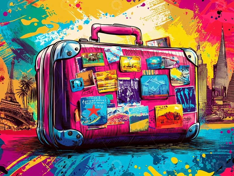 高清大图下载【趣麦麦图】彩色行李箱贴纸风景