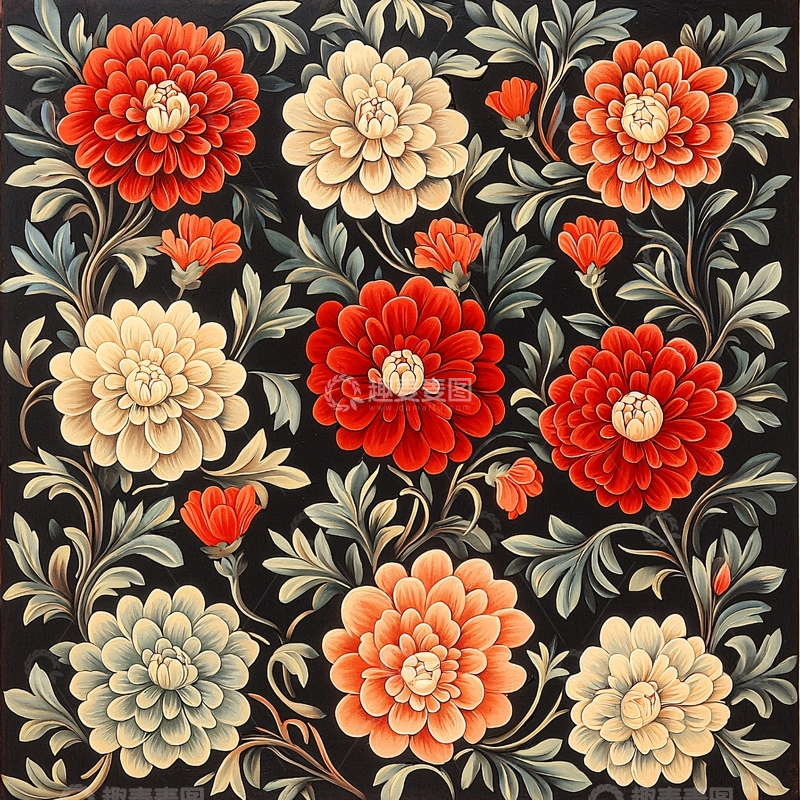 高清大图下载【趣麦麦图】黑色背景花卉图案