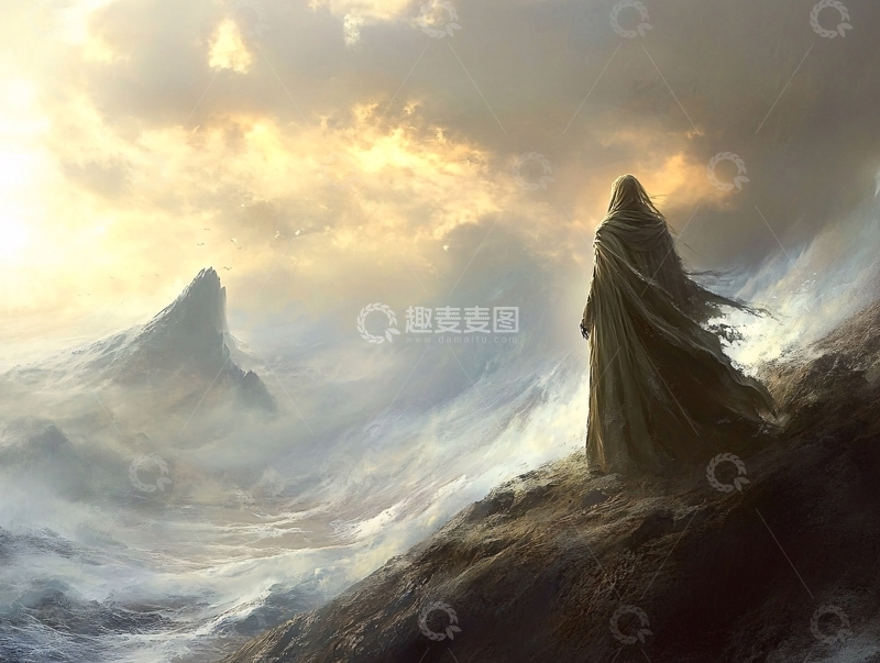 高清大图下载【趣麦麦图】斗篷人眺望暴风雨海