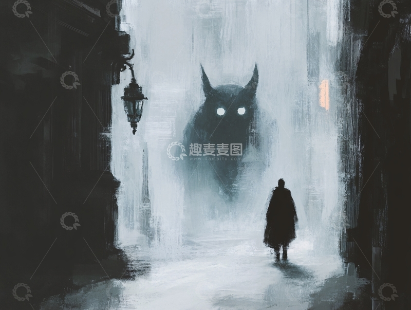高清大图下载【趣麦麦图】-阴暗街道上的巨大怪兽