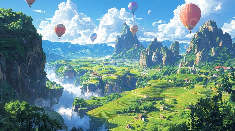 高清大图下载【趣麦麦图】热气球飞跃山谷