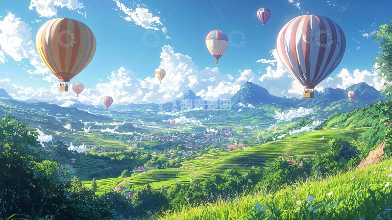 高清大图下载【趣麦麦图】热气球飞过山谷