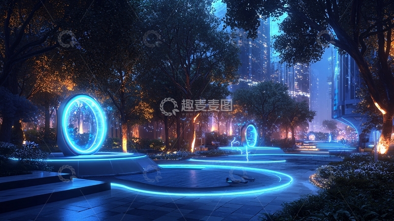 高清大图下载【趣麦麦图】夜间梦幻都市公园