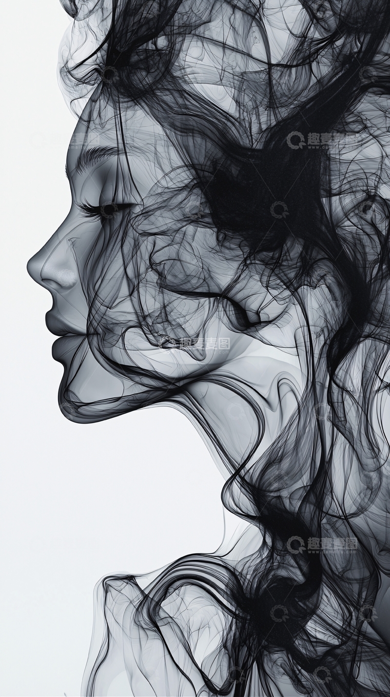 高清大图下载【趣麦麦图】黑纱女子侧脸抽象画