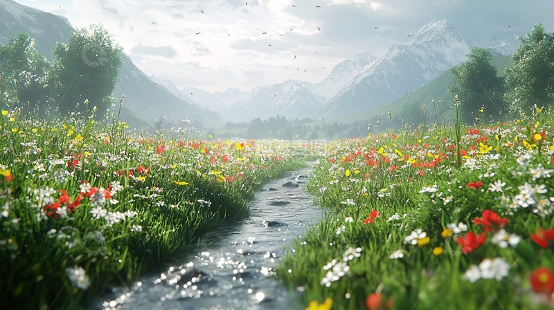 高清大图下载【趣麦麦图】山间溪流野花盛开