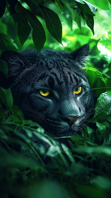 黑豹藏匿于绿叶丛中