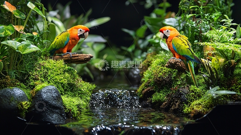 高清大图下载【趣麦麦图】鹦鹉栖息在绿植流水旁