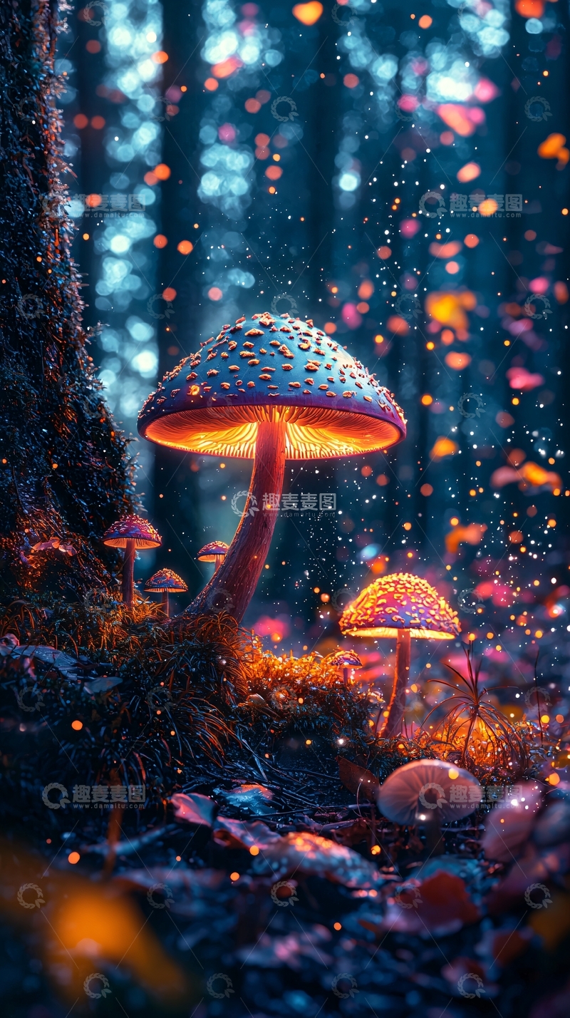 高清大图下载【趣麦麦图】梦幻森林发光蘑菇