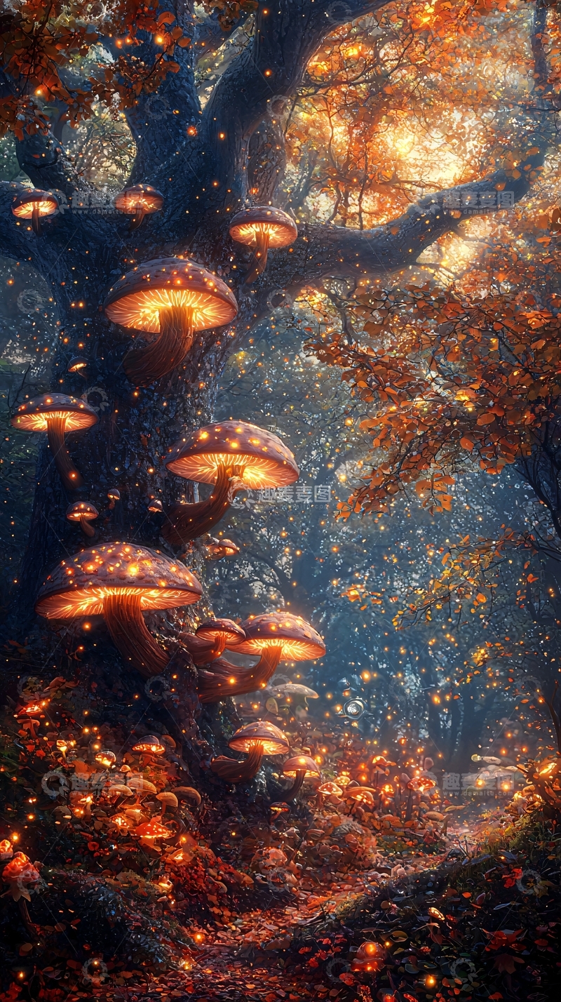 高清大图下载【趣麦麦图】发光蘑菇树林