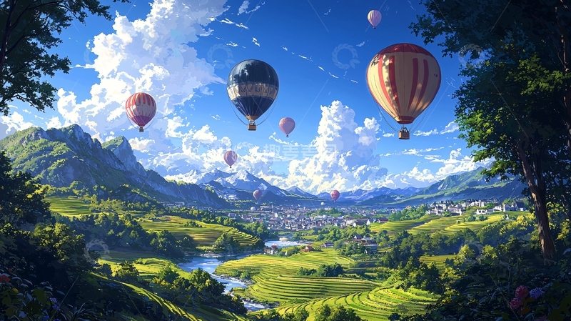 高清大图下载【趣麦麦图】热气球飞过山谷