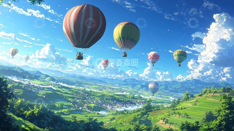 高清大图下载【趣麦麦图】热气球飞跃田园风光
