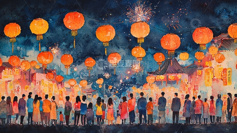 高清大图下载【趣麦麦图】夜空灯笼节庆水彩画