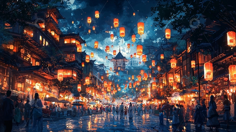 高清大图下载【趣麦麦图】夜色朦胧的古镇夜景