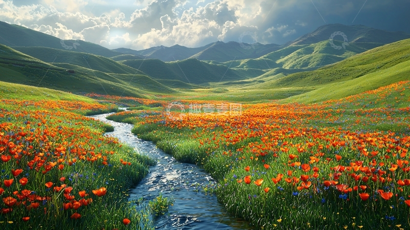 高清大图下载【趣麦麦图】山谷溪流鲜花盛开