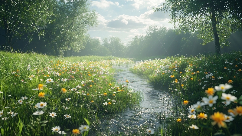 高清大图下载【趣麦麦图】阳光森林小溪花田