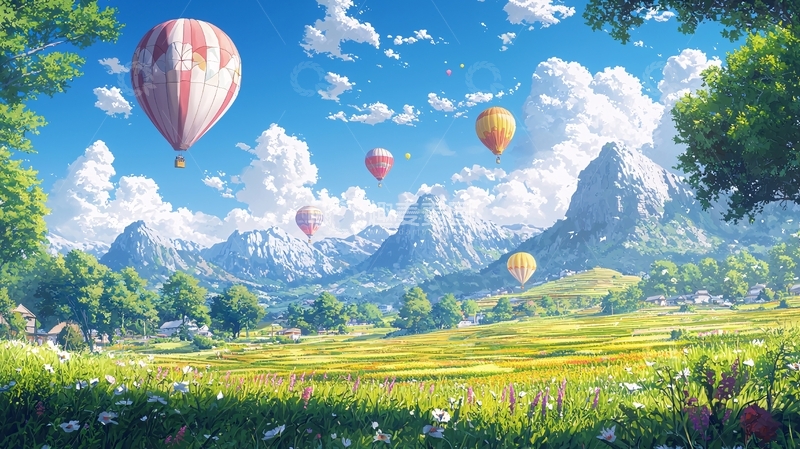 高清大图下载【趣麦麦图】热气球飞过山峦田野