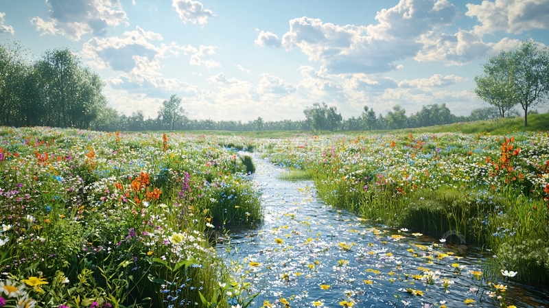 高清大图下载【趣麦麦图】阳光明媚的野花溪流