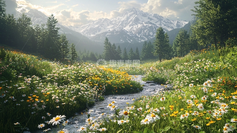 高清大图下载【趣麦麦图】山谷溪流野花盛开