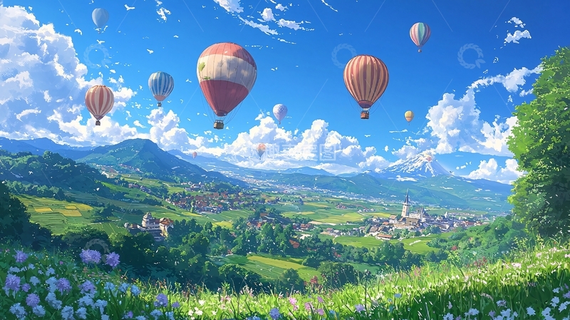 高清大图下载【趣麦麦图】热气球飞过田园风光