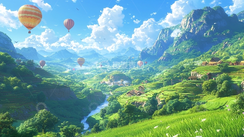 高清大图下载【趣麦麦图】热气球飞跃山谷田园风光